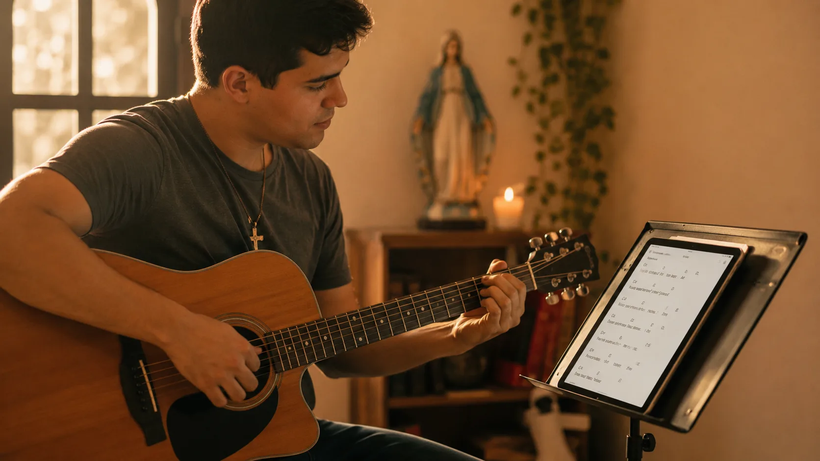 Tocando violão na celebração com as cifras no tablet