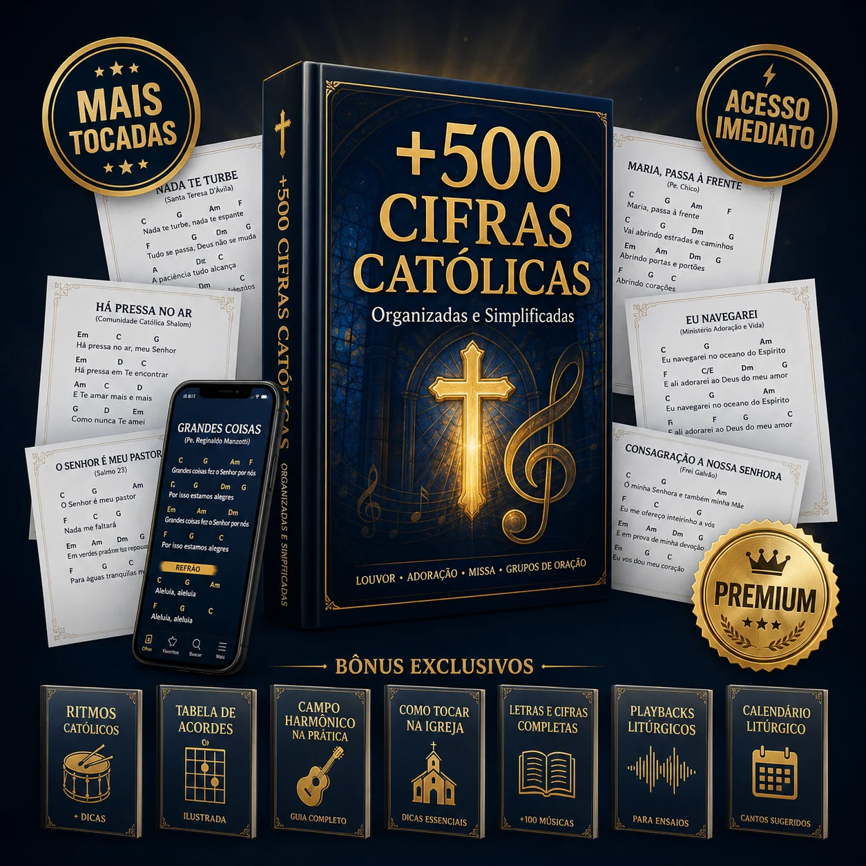 Coleção +500 Cifras Católicas — páginas reais e capa